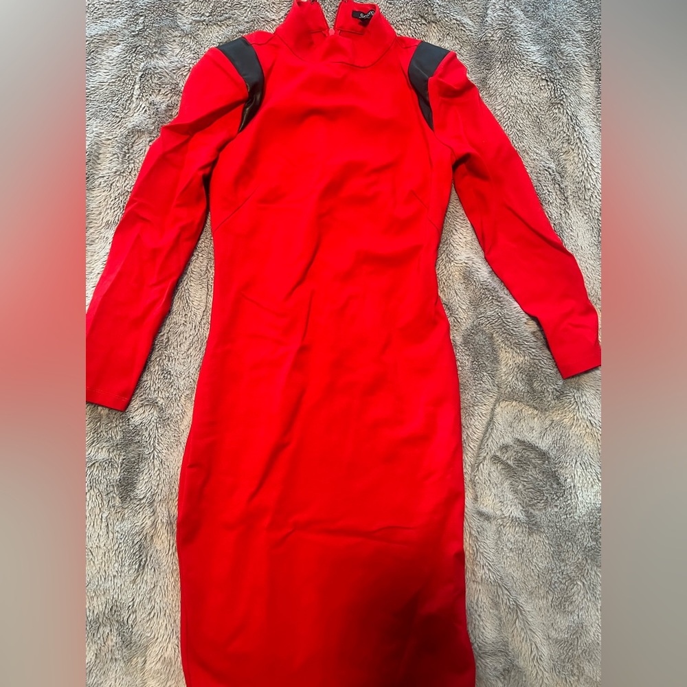 Eva Longoria Red Dress with Faux Leather Accent